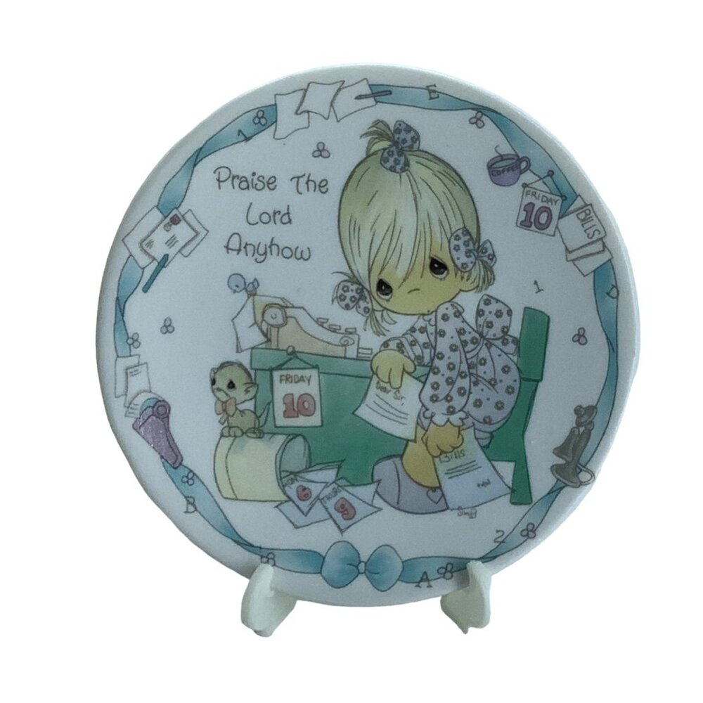 Vtg 1992 Precious Moments 4" Plate w/ Easel Praise the Lord Anyhow Enesco NEW